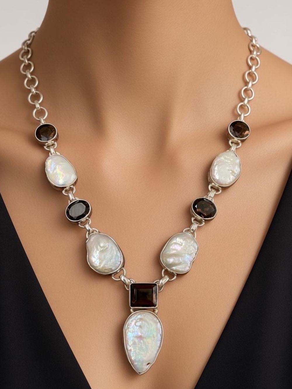 Necklace with Baroque Mother of Pearl and Smoky Quartz in 925 Sterling Necklace